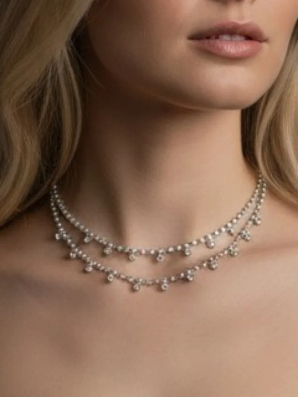 Silvertone Double Layer Necklace Rhinestones